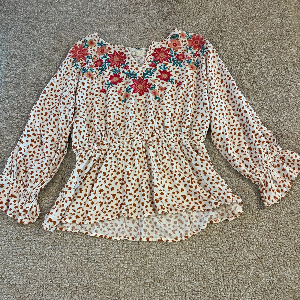 Savanna Jane Embroidered Floral Peplum Blouse Animal Print Rayon Women's L